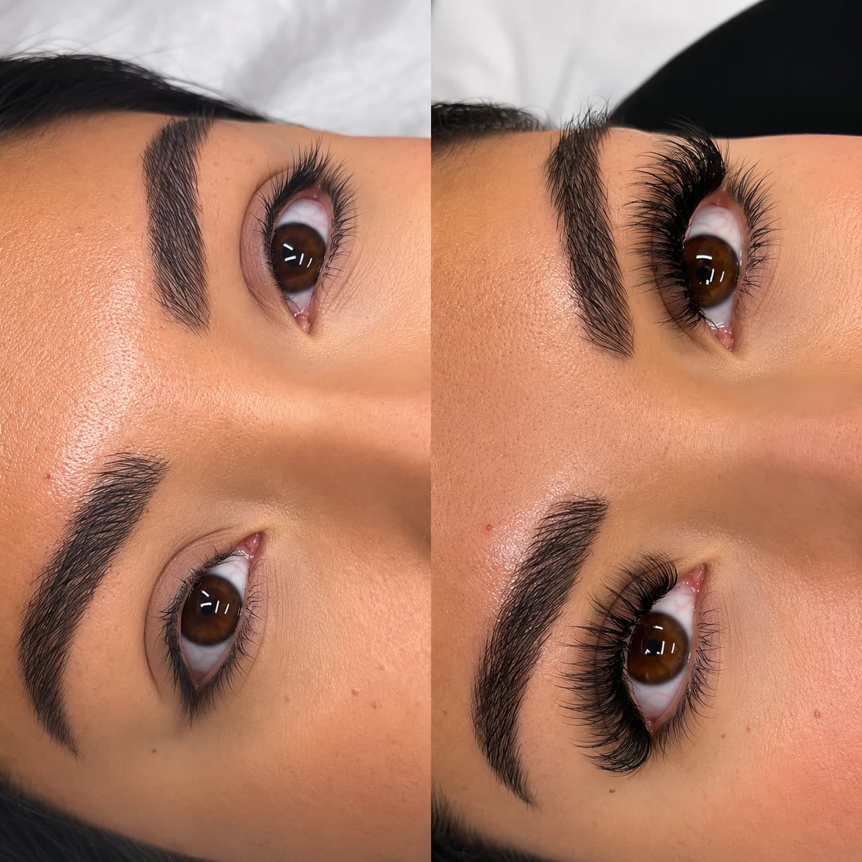Before and after of eyelash extensions applied at Anahit’s Lash & Eyebrow Studio in Montebello, CA